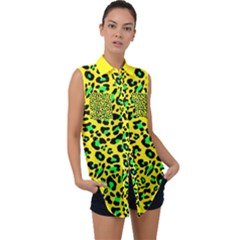 Yellow And Green, Neon Leopard Spots Pattern Sleeveless Chiffon Button Shirt