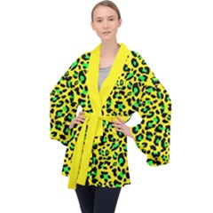 Yellow And Green, Neon Leopard Spots Pattern Long Sleeve Velvet Kimono  by Casemiro