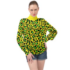 Yellow And Green, Neon Leopard Spots Pattern High Neck Long Sleeve Chiffon Top by Casemiro