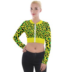 Yellow And Green, Neon Leopard Spots Pattern Long Sleeve Cropped Velvet Jacket by Casemiro