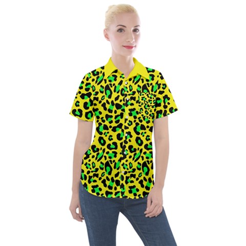 Yellow And Green, Neon Leopard Spots Pattern Women s Short Sleeve Pocket Shirt by Casemiro