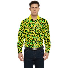 Yellow And Green, Neon Leopard Spots Pattern Men s Long Sleeve Pocket Shirt 