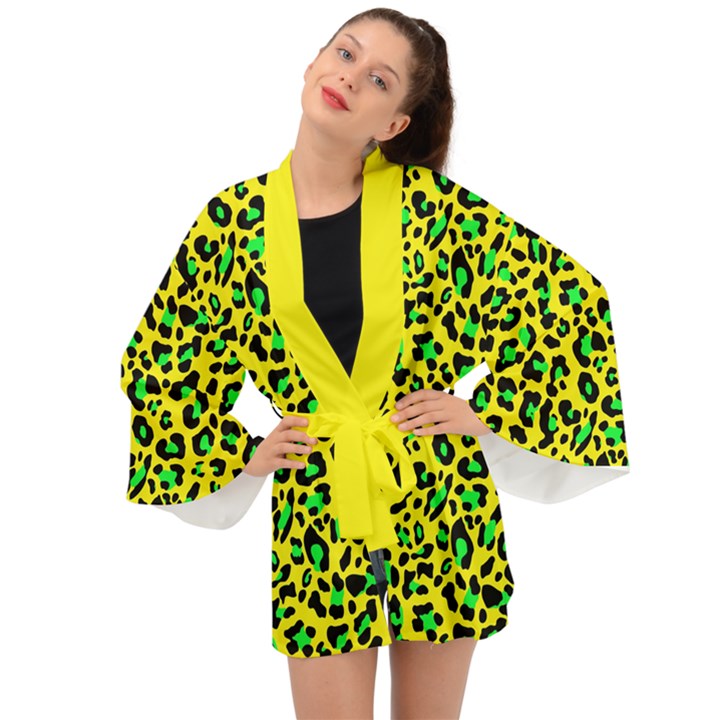 Yellow and green, neon leopard spots pattern Long Sleeve Kimono