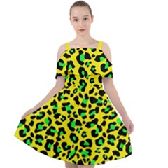 Yellow And Green, Neon Leopard Spots Pattern Cut Out Shoulders Chiffon Dress