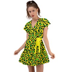 Yellow And Green, Neon Leopard Spots Pattern Flutter Sleeve Wrap Dress by Casemiro