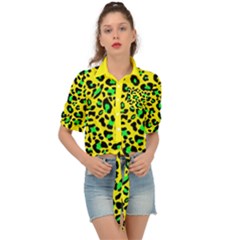 Yellow And Green, Neon Leopard Spots Pattern Tie Front Shirt  by Casemiro