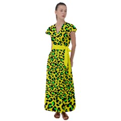 Yellow And Green, Neon Leopard Spots Pattern Flutter Sleeve Maxi Dress by Casemiro