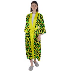 Yellow And Green, Neon Leopard Spots Pattern Maxi Satin Kimono by Casemiro