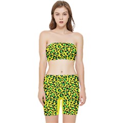 Yellow And Green, Neon Leopard Spots Pattern Stretch Shorts And Tube Top Set by Casemiro