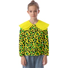 Yellow And Green, Neon Leopard Spots Pattern Kids  Peter Pan Collar Blouse by Casemiro