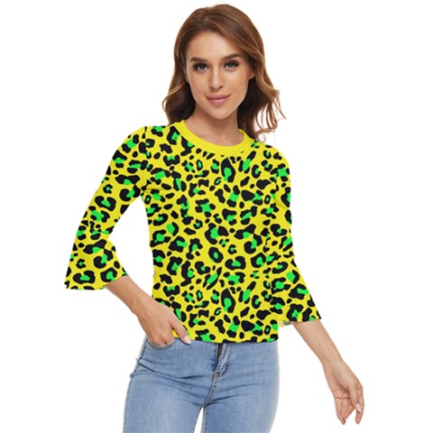 Yellow And Green, Neon Leopard Spots Pattern Bell Sleeve Top by Casemiro