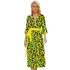 Yellow And Green, Neon Leopard Spots Pattern Midsummer Wrap Dress by Casemiro