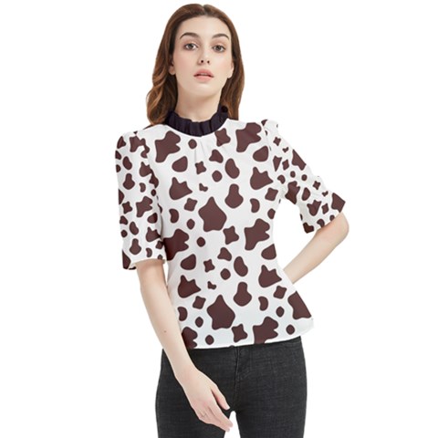 Brown Cow Spots Pattern, Animal Fur Print Frill Neck Blouse by Casemiro