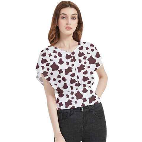 Brown Cow Spots Pattern, Animal Fur Print Butterfly Chiffon Blouse by Casemiro