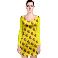 Vector Burgers, Fast Food Sandwitch Pattern At Yellow Long Sleeve Bodycon Dress by Casemiro