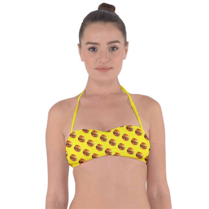 Vector Burgers, fast food sandwitch pattern at yellow Halter Bandeau Bikini Top