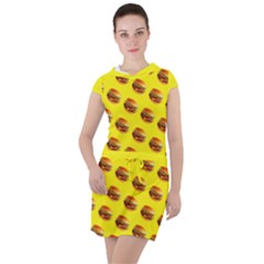 Vector Burgers, Fast Food Sandwitch Pattern At Yellow Drawstring Hooded Dress by Casemiro