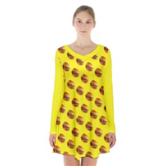 Vector Burgers, Fast Food Sandwitch Pattern At Yellow Long Sleeve Velvet V-neck Dress by Casemiro