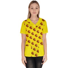 Vector Burgers, Fast Food Sandwitch Pattern At Yellow Women s V-neck Scrub Top by Casemiro