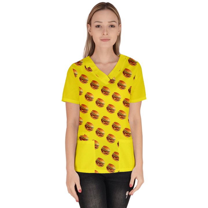 Vector Burgers, fast food sandwitch pattern at yellow Women s V-Neck Scrub Top