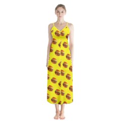 Vector Burgers, Fast Food Sandwitch Pattern At Yellow Button Up Chiffon Maxi Dress by Casemiro