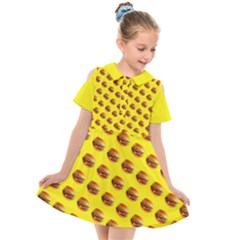 Vector Burgers, Fast Food Sandwitch Pattern At Yellow Kids  Short Sleeve Shirt Dress by Casemiro