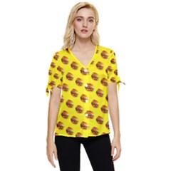 Vector Burgers, Fast Food Sandwitch Pattern At Yellow Bow Sleeve Button Up Top