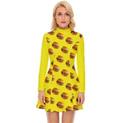 Vector Burgers, Fast Food Sandwitch Pattern At Yellow Long Sleeve Velour Longline Dress by Casemiro