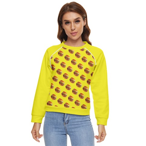 Vector Burgers, Fast Food Sandwitch Pattern At Yellow Women s Long Sleeve Raglan Tee by Casemiro