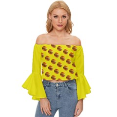 Vector Burgers, Fast Food Sandwitch Pattern At Yellow Off Shoulder Flutter Bell Sleeve Top by Casemiro