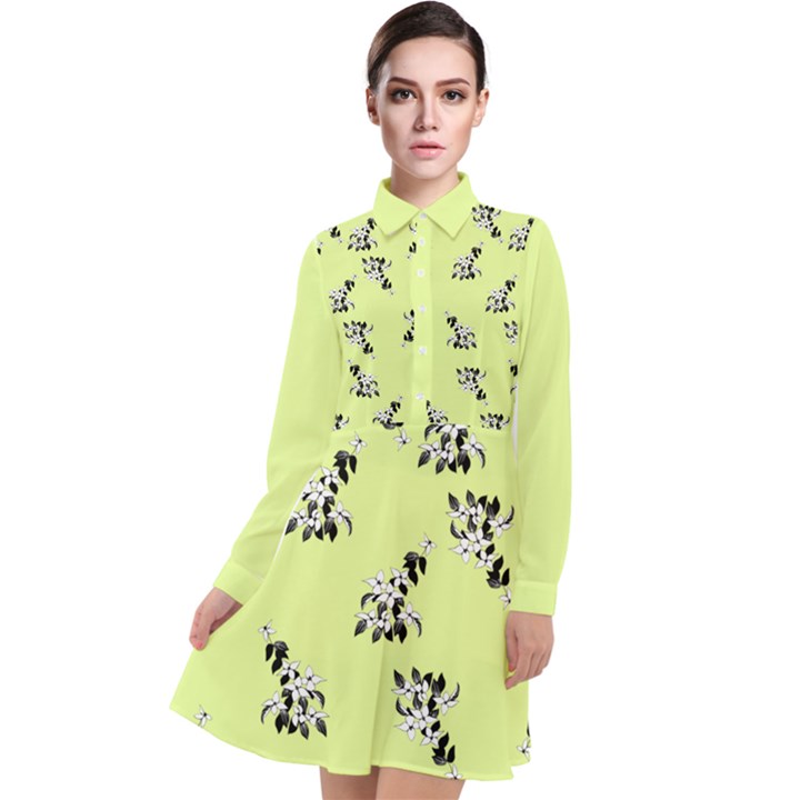 Black and white vector flowers at canary yellow Long Sleeve Chiffon Shirt Dress