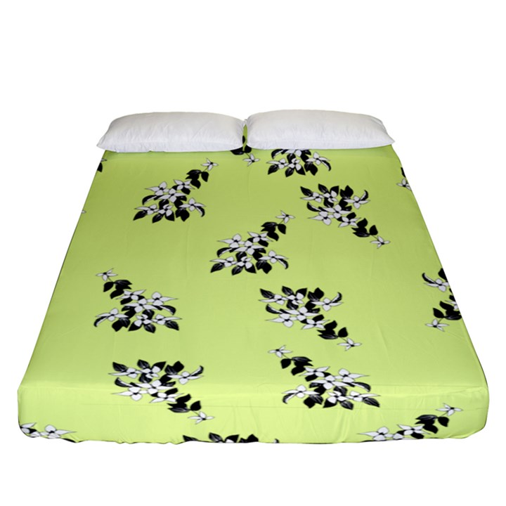 Black and white vector flowers at canary yellow Fitted Sheet (Queen Size)