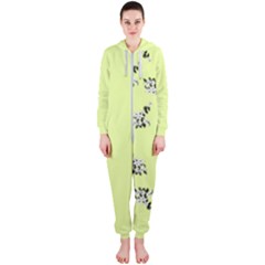 Black And White Vector Flowers At Canary Yellow Hooded Jumpsuit (ladies) 