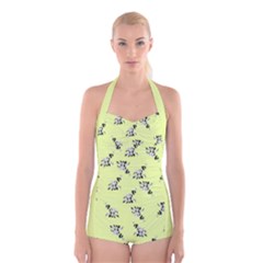 Black And White Vector Flowers At Canary Yellow Boyleg Halter Swimsuit  by Casemiro