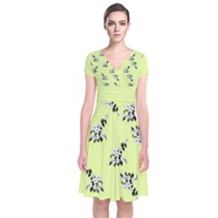 Black And White Vector Flowers At Canary Yellow Short Sleeve Front Wrap Dress by Casemiro