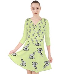 Black And White Vector Flowers At Canary Yellow Quarter Sleeve Front Wrap Dress by Casemiro