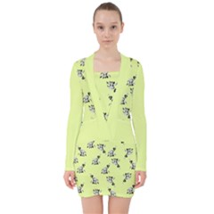 Black And White Vector Flowers At Canary Yellow V-neck Bodycon Long Sleeve Dress by Casemiro