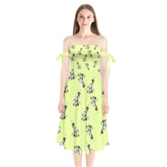 Black And White Vector Flowers At Canary Yellow Shoulder Tie Bardot Midi Dress by Casemiro