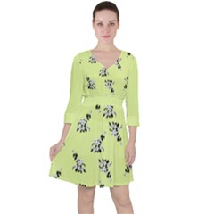 Black And White Vector Flowers At Canary Yellow Quarter Sleeve Ruffle Waist Dress by Casemiro