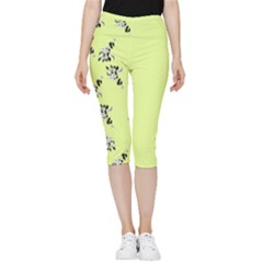 Black And White Vector Flowers At Canary Yellow Inside Out Lightweight Velour Capri Leggings  by Casemiro