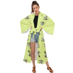 Black And White Vector Flowers At Canary Yellow Maxi Kimono by Casemiro