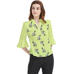 Black And White Vector Flowers At Canary Yellow Loose Horn Sleeve Chiffon Blouse