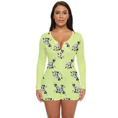 Black And White Vector Flowers At Canary Yellow Long Sleeve Boyleg Swimsuit by Casemiro