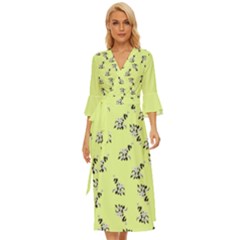 Black And White Vector Flowers At Canary Yellow Midsummer Wrap Dress by Casemiro