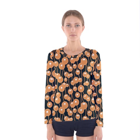 Orange Dandelions On A Dark Background Women s Long Sleeve Tee by SychEva