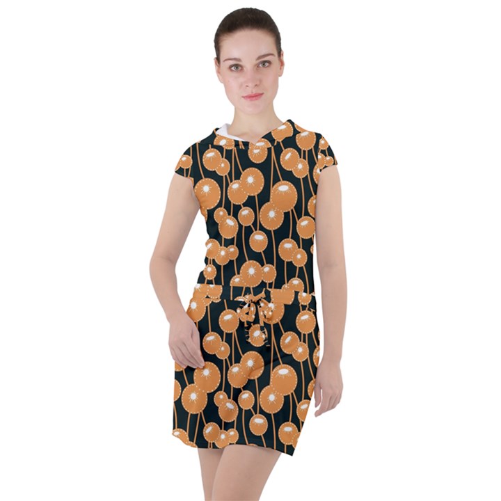 Orange Dandelions On A Dark Background Drawstring Hooded Dress