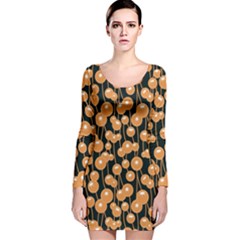 Orange Dandelions On A Dark Background Long Sleeve Velvet Bodycon Dress by SychEva