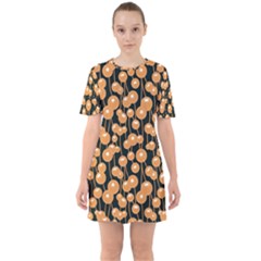 Orange Dandelions On A Dark Background Sixties Short Sleeve Mini Dress by SychEva