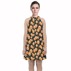 Orange Dandelions On A Dark Background Velvet Halter Neckline Dress  by SychEva