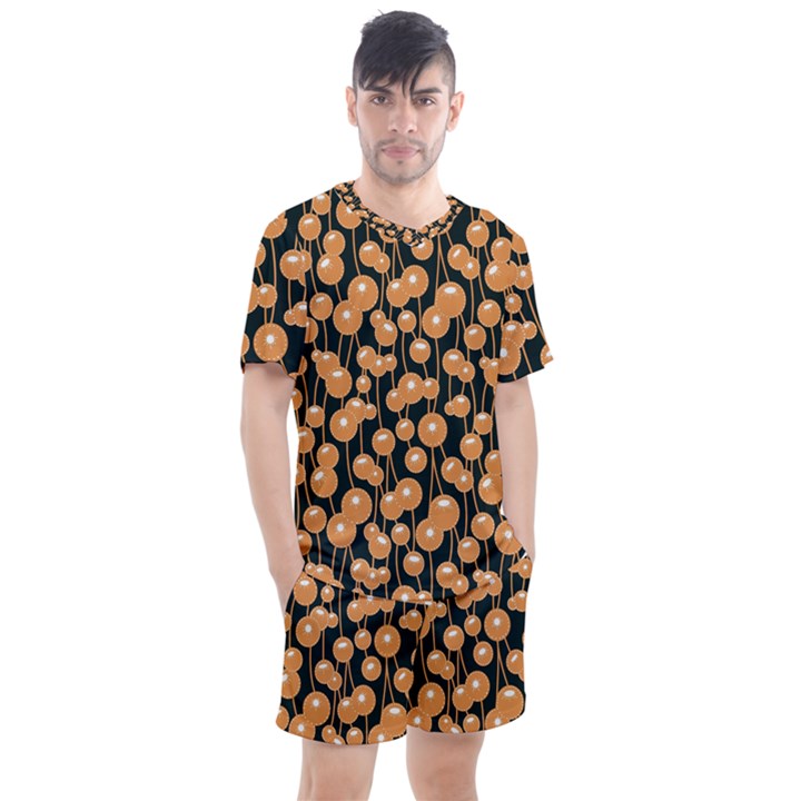 Orange Dandelions On A Dark Background Men s Mesh Tee and Shorts Set